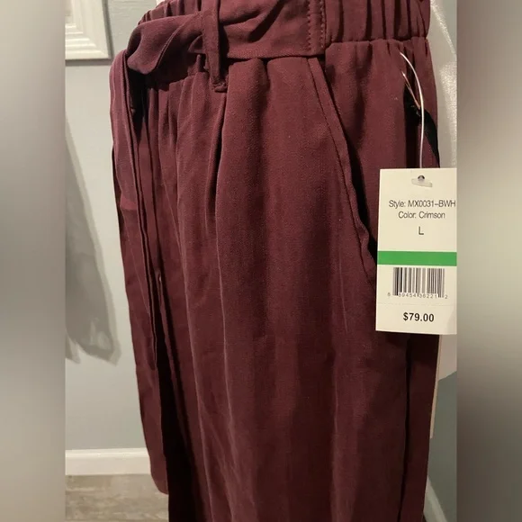 Burgundy Wide Leg High Waisted Tie Waist Trousers